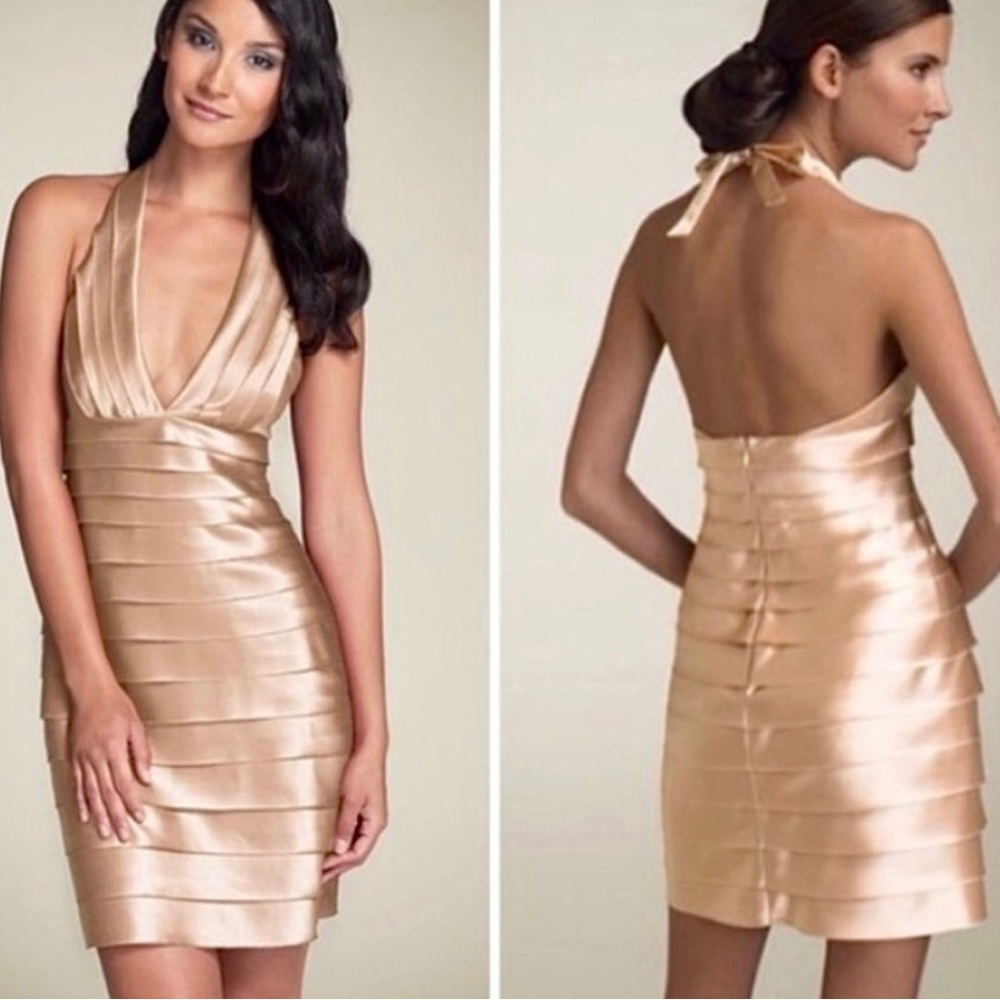 BCBG MaxAzria champagne satin tiered layer halter mini cocktail dress